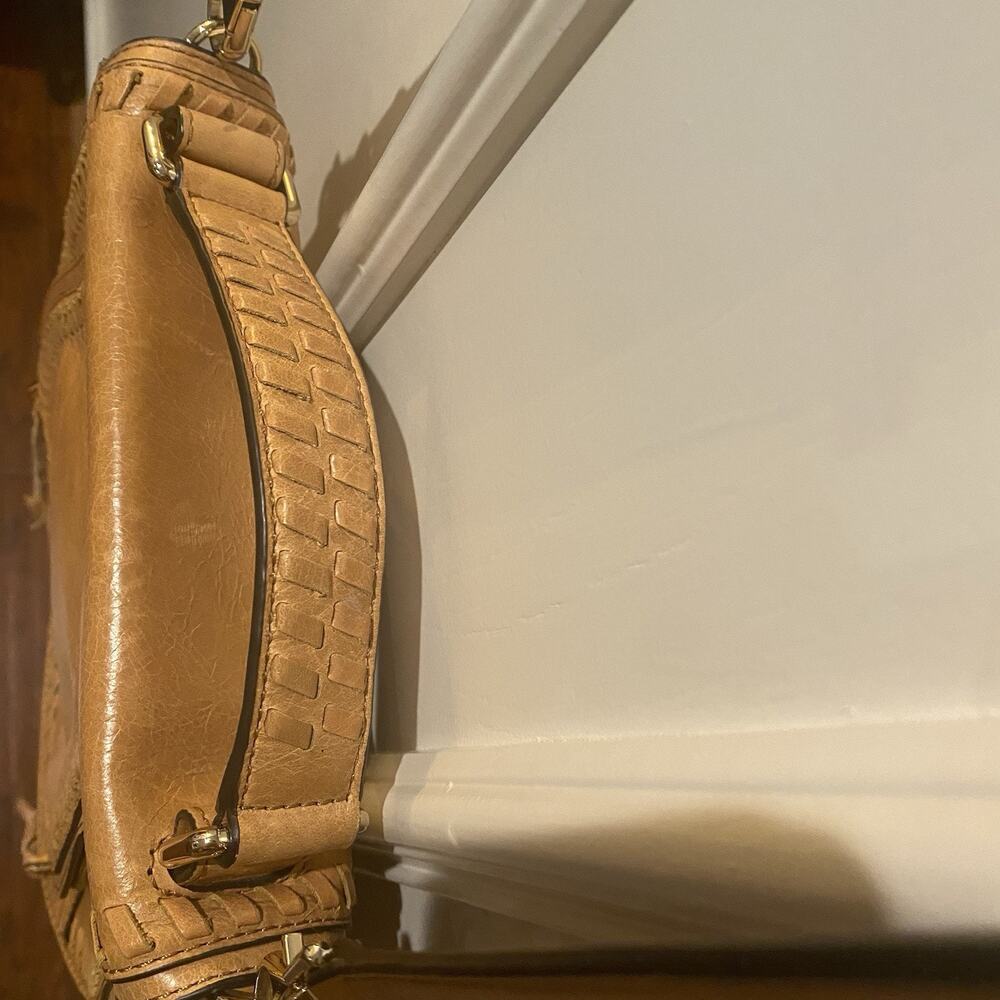 REBECCA MINKOFF Whipstitch Leather Saddle Crossbody Shoulder Bag Flap Brown Tan - Picture 3 of 16